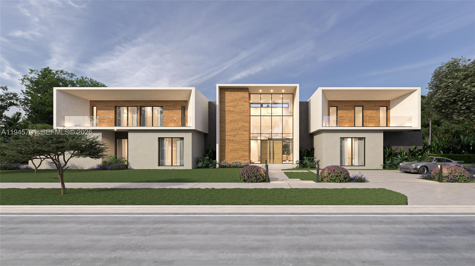 This is a rendering of a modern two-story house with a glass-paneled entryway — 5811 SW 88th St, Pinecrest FL 33156, PINECREST, FL