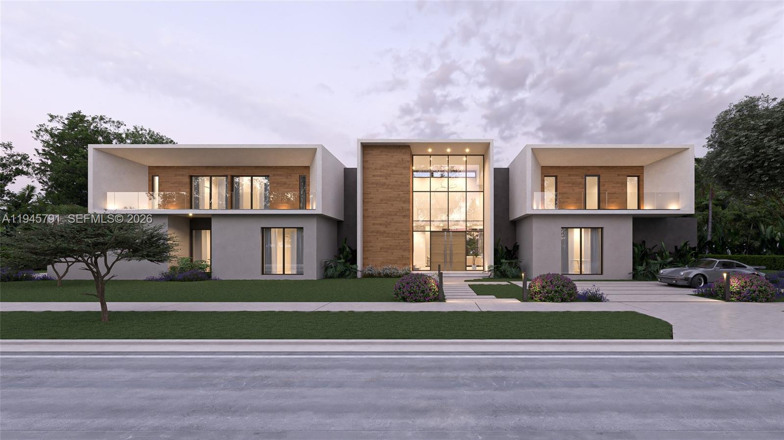 This is a rendering of a modern two-story house with a glass entryway and balconies — 5811 SW 88th St, Pinecrest FL 33156, PINECREST, FL