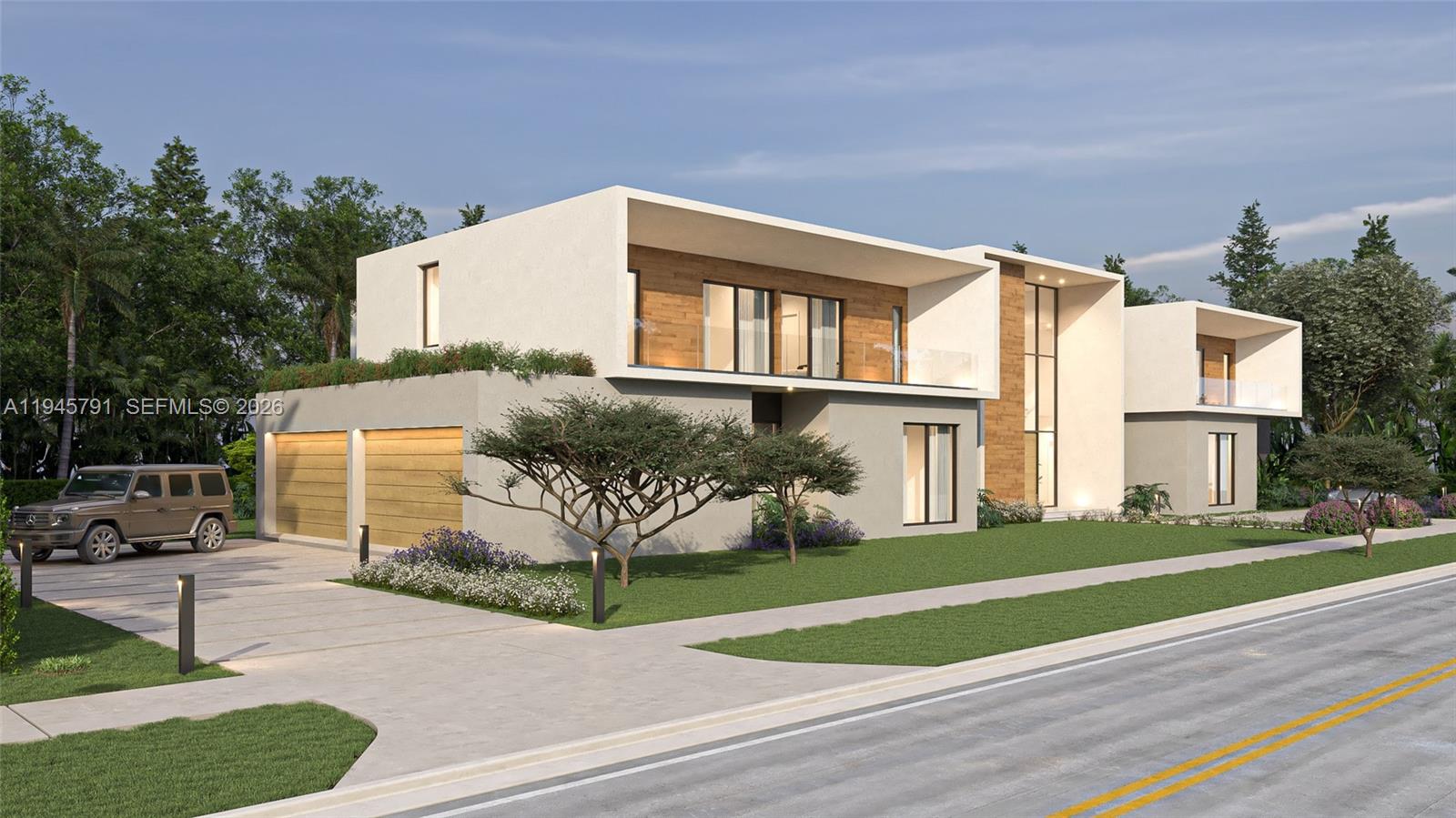 This is a rendering of a modern two-story house with a two-car garage — 5811 SW 88th St, Pinecrest FL 33156, PINECREST, FL