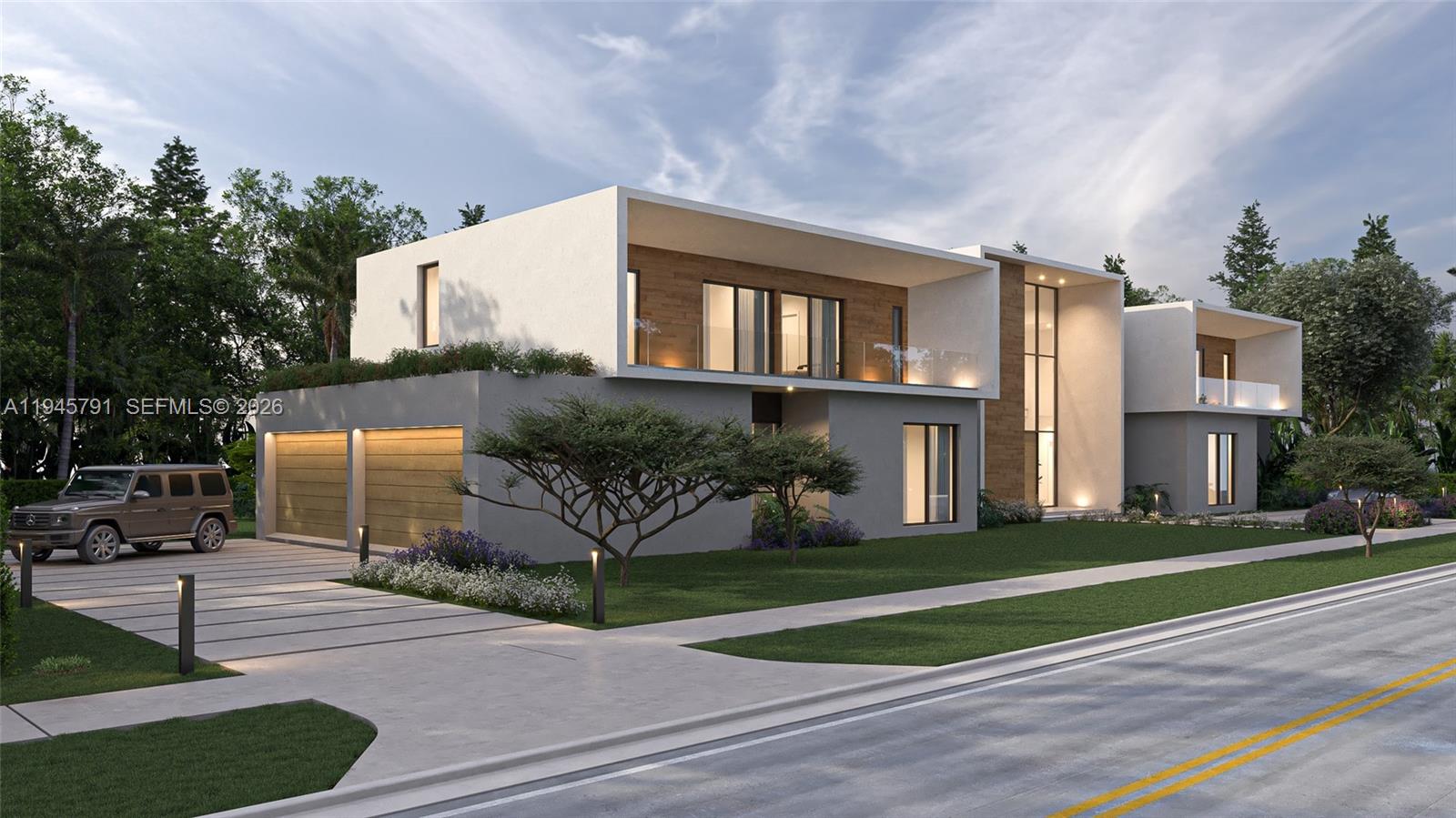 This is a rendering of a modern two-story house with a garage and driveway — 5811 SW 88th St, Pinecrest FL 33156, PINECREST, FL