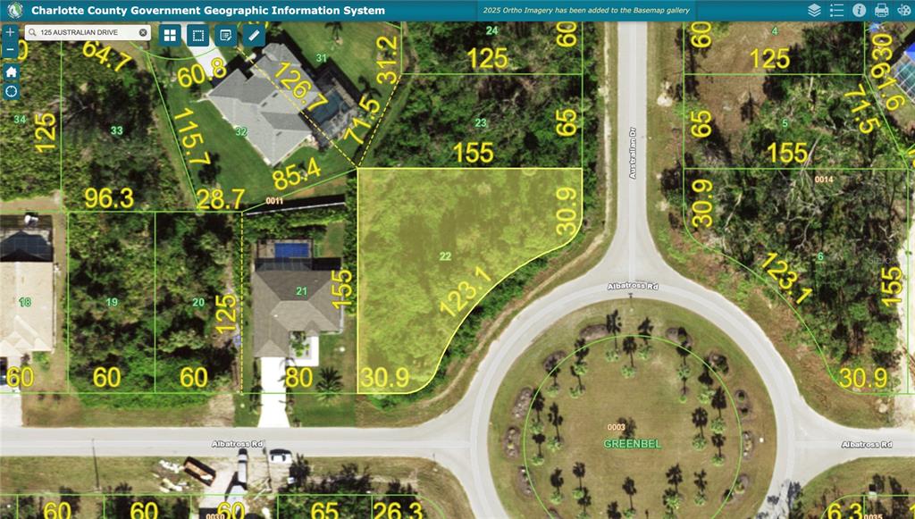 This is a satellite map showing a vacant residential lot located at a street cul-de-sac — 125 AUSTRALIAN DRIVE, ROTONDA WEST, FL