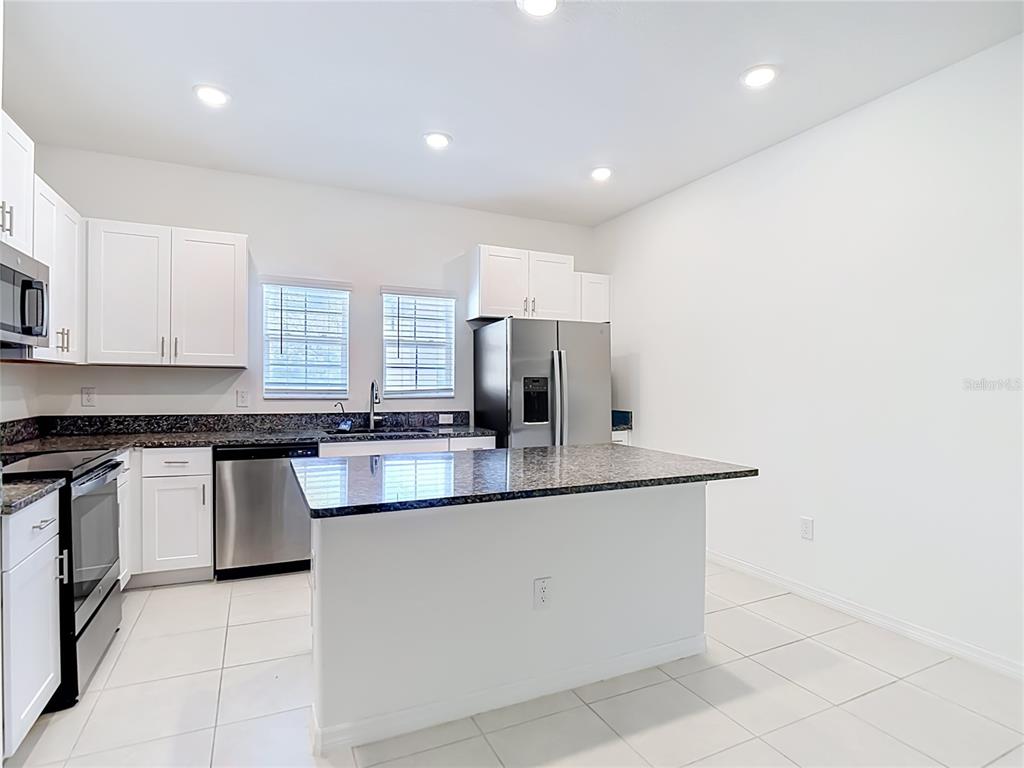 A kitchen features white cabinets, dark granite countertops, stainless steel appliances, and a central island — 840 TENNYSON MILL CIRCLE, TAMPA, FL