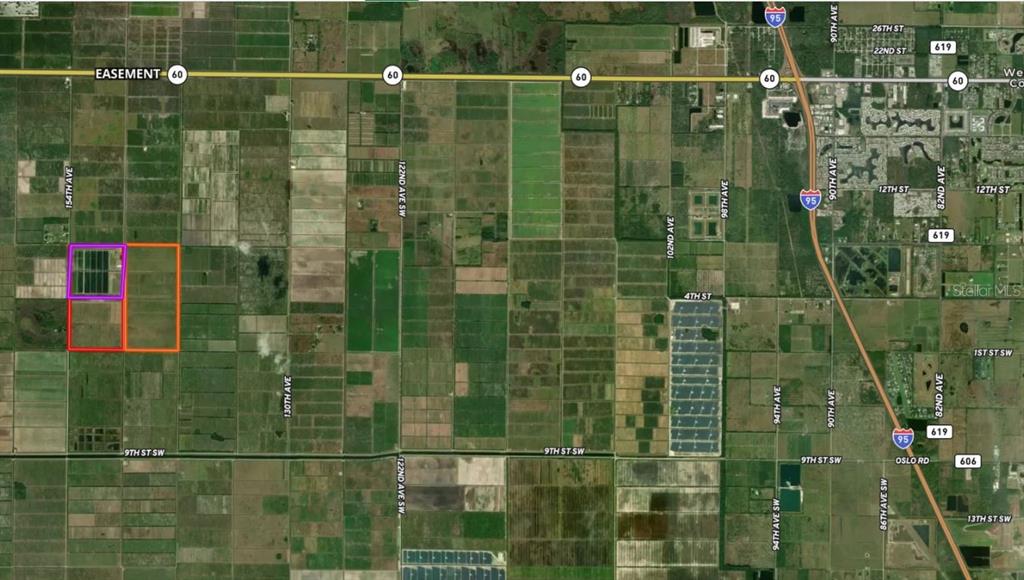An aerial map shows agricultural land parcels outlined in purple, red, and orange — 455 146TH AVENUE, VERO BEACH, FL