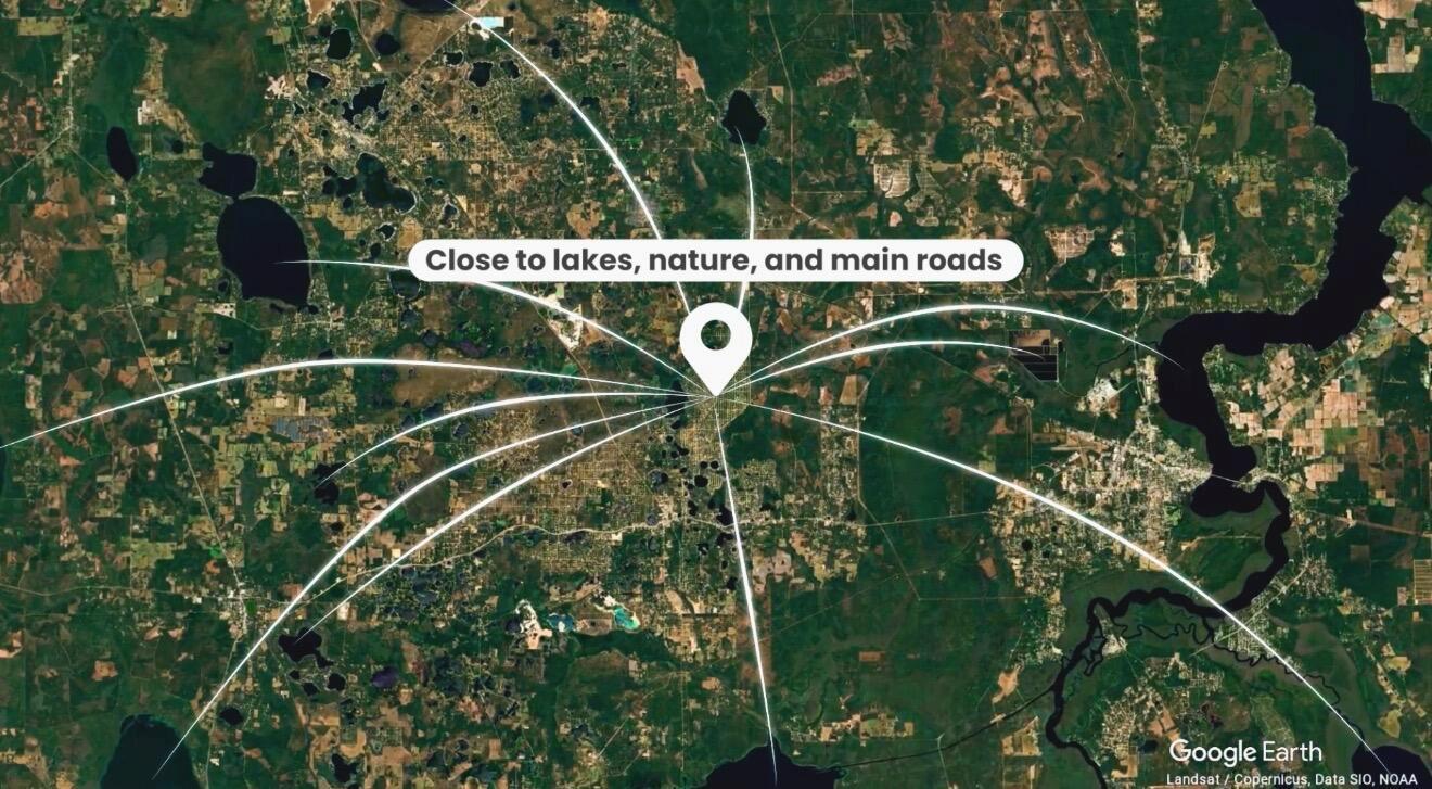 This map shows a location pin centered over a landscape with surrounding lakes and roads — 000 Wilson Dr Drive, FL 32148, FL