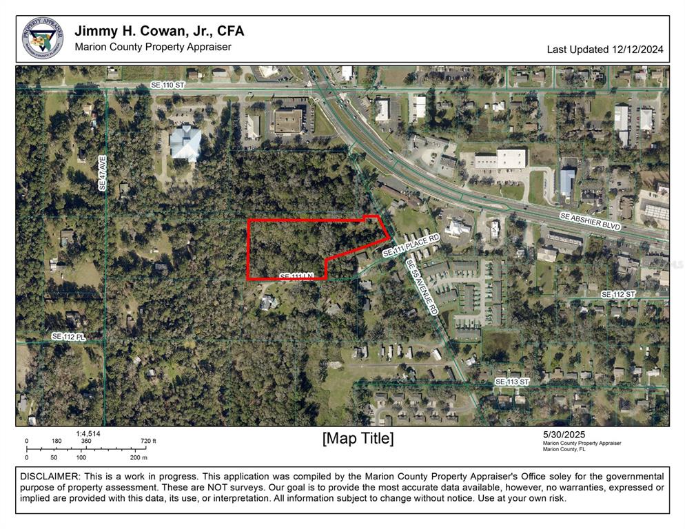 This is a property map showing a parcel of land outlined in red — 11144 SE 55TH AVENUE ROAD, BELLEVIEW, FL