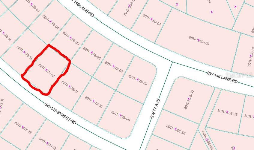 This is a map showing a highlighted land parcel in a residential neighborhood — SW 147 STREET ROAD, OCALA, FL