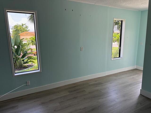 A room with light blue walls, wood-look flooring, and two windows overlooking outdoor greenery — 907 SE Lake Street, Stuart FL 34994, STUART, FL