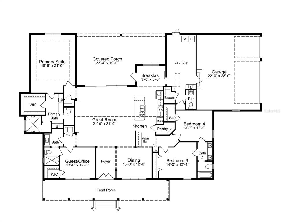 This is a floor plan for a single-story house featuring four bedrooms and a garage — 20280 SHORELINE RANCH LANE, UMATILLA, FL