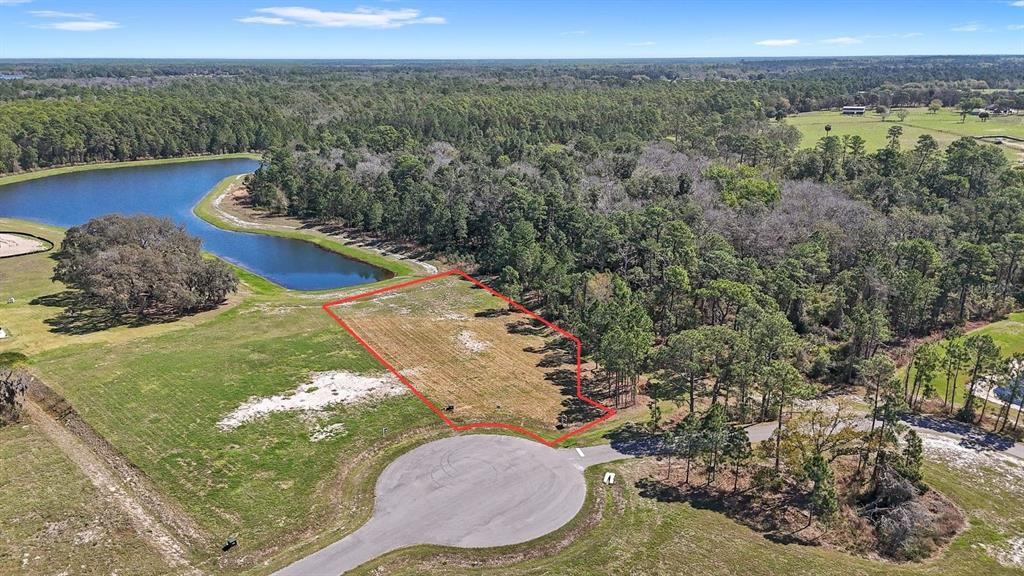 An aerial view shows a vacant, rectangular residential lot outlined in red near a cul-de-sac — 20280 SHORELINE RANCH LANE, UMATILLA, FL