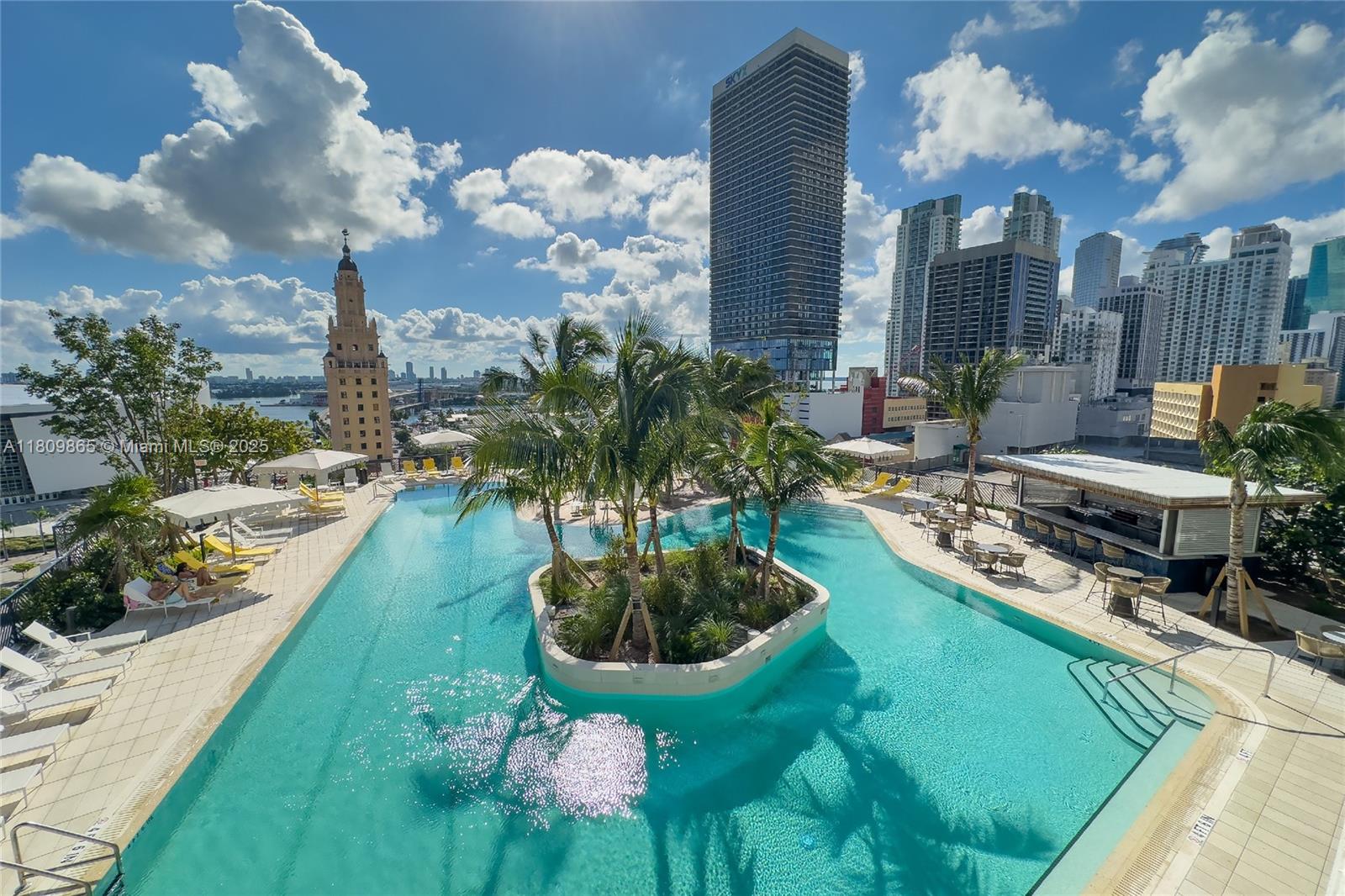 An elevated view of a swimming pool with a central island of palm trees — 159 NE 6th St # 3610, Miami FL 33132, MIAMI, FL