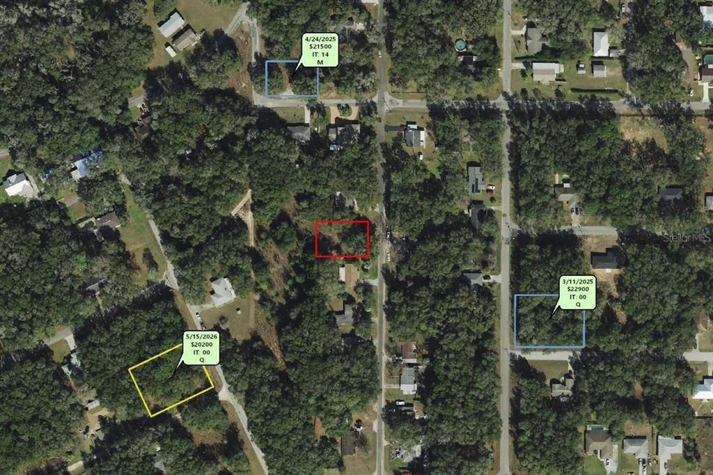 This aerial map shows four highlighted land parcels with associated dates, prices, and codes — 360 N WHEELER AVENUE, INVERNESS, FL