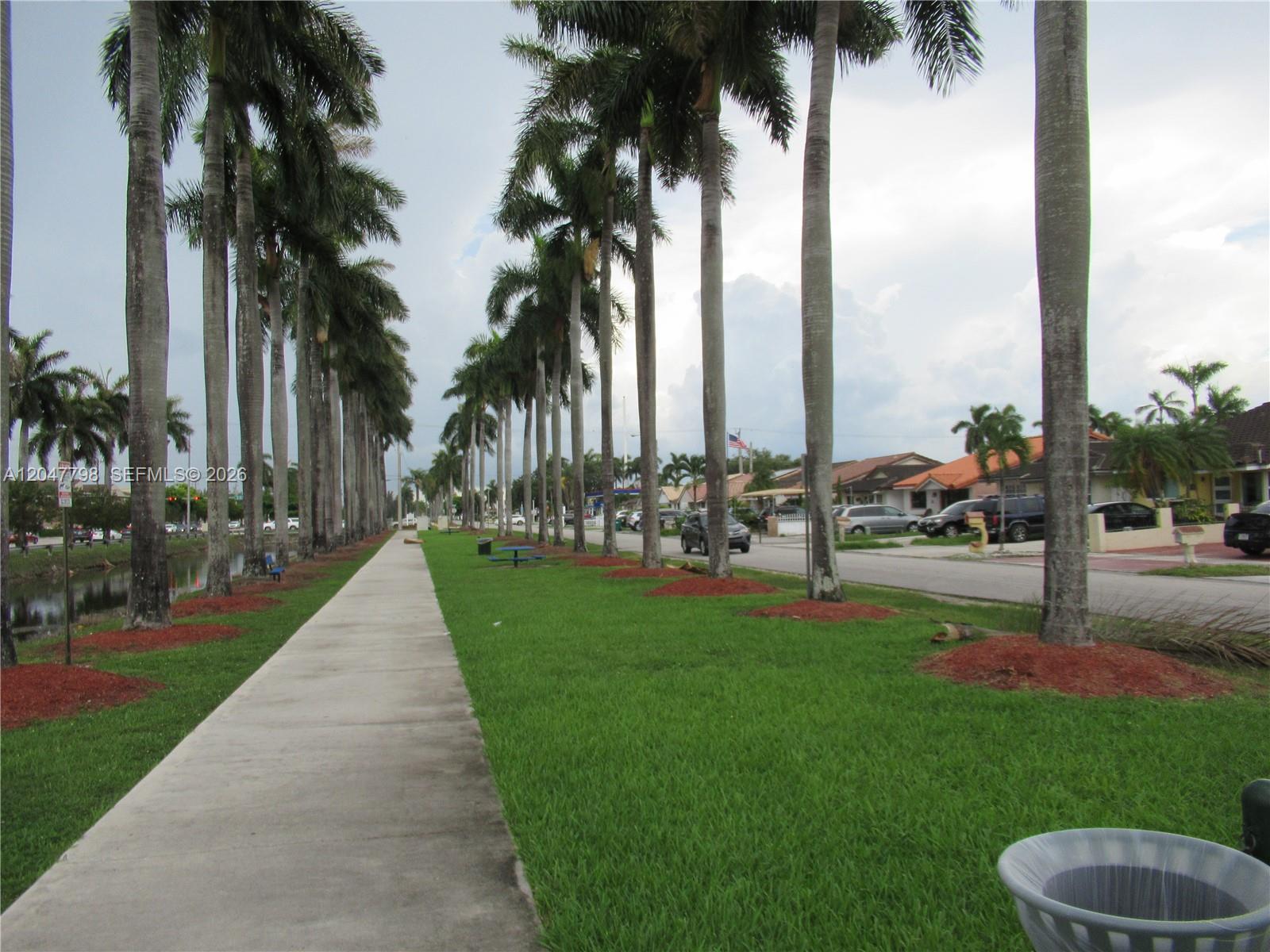 A paved walkway runs alongside a grassy area lined with tall palm trees — 11530 NW 87th Ct, Hialeah Gardens FL 33018, HIALEAH GARDENS, FL