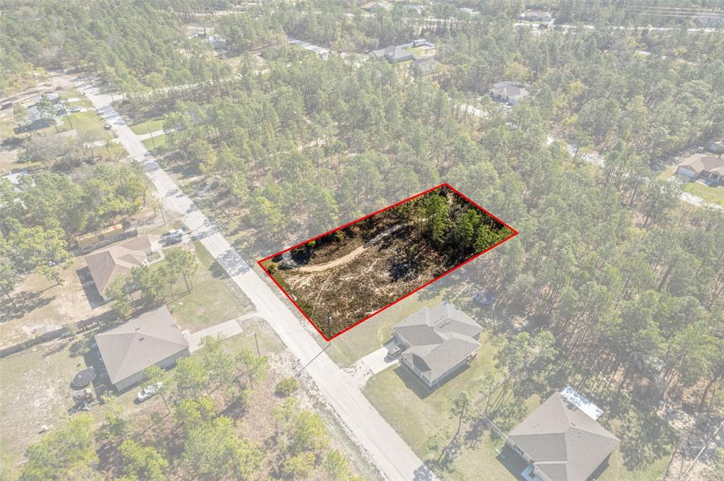 An aerial view shows a vacant, rectangular lot outlined in red situated between two houses — 12348 SNOWY EGRET AVENUE, WEEKI WACHEE, FL