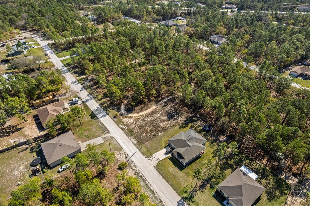 An aerial view shows a residential street with several houses surrounded by dense pine trees — 12348 SNOWY EGRET AVENUE, WEEKI WACHEE, FL