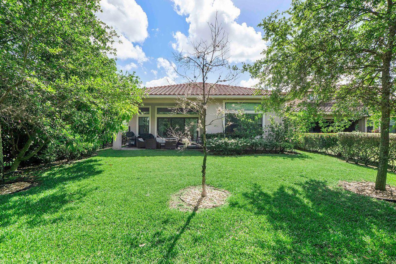 A backyard view of a house with a lawn, trees, and a covered patio — 8251 Canopy Terrace, Parkland FL 33076, PARKLAND, FL