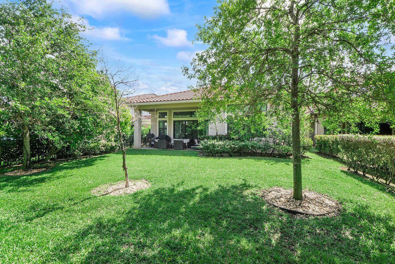 A backyard features a green lawn, two trees with mulch rings, and a house exterior — 8251 Canopy Terrace, Parkland FL 33076, PARKLAND, FL