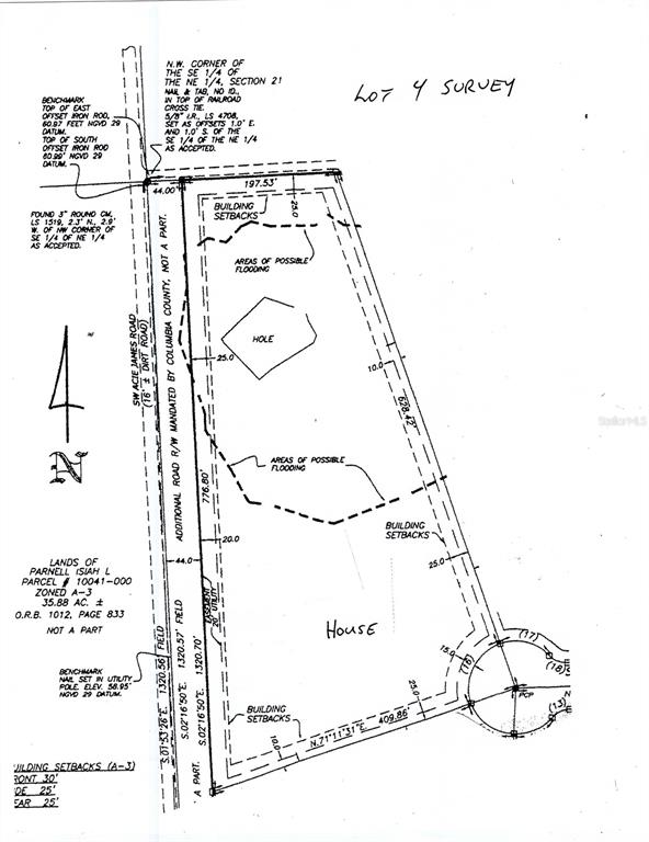 This is a land survey map showing property boundaries, building setbacks, and potential flooding areas — 285 SW HERMITAGE GLEN, HIGH SPRINGS, FL