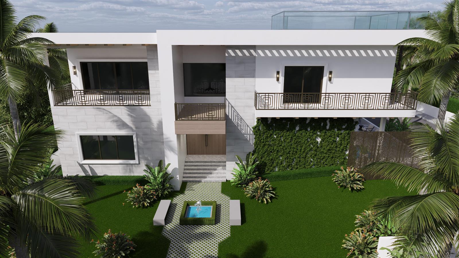 This is a 3D architectural rendering of a modern two-story house with a front fountain — 7935 S Flagler Drive, West Palm Beach FL 33405, WEST PALM BEACH, FL