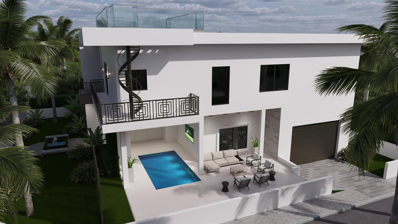 This architectural rendering shows a modern two-story house with a pool, patio, and spiral staircase — 7935 S Flagler Drive, West Palm Beach FL 33405, WEST PALM BEACH, FL