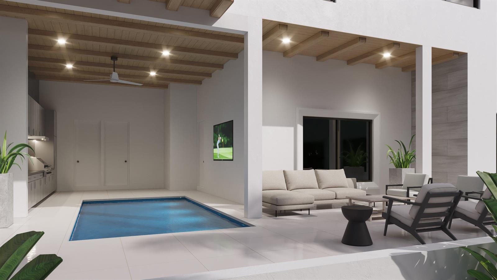 This rendering shows a modern outdoor patio with a pool, kitchen, and lounge area — 7935 S Flagler Drive, West Palm Beach FL 33405, WEST PALM BEACH, FL
