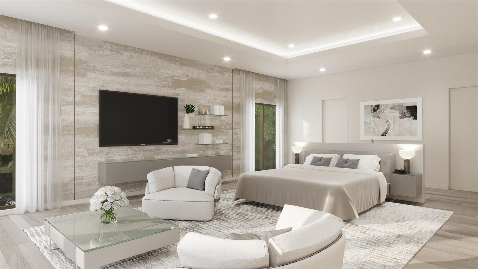 This rendering shows a modern bedroom with a seating area, textured wall, and neutral decor — 7935 S Flagler Drive, West Palm Beach FL 33405, WEST PALM BEACH, FL