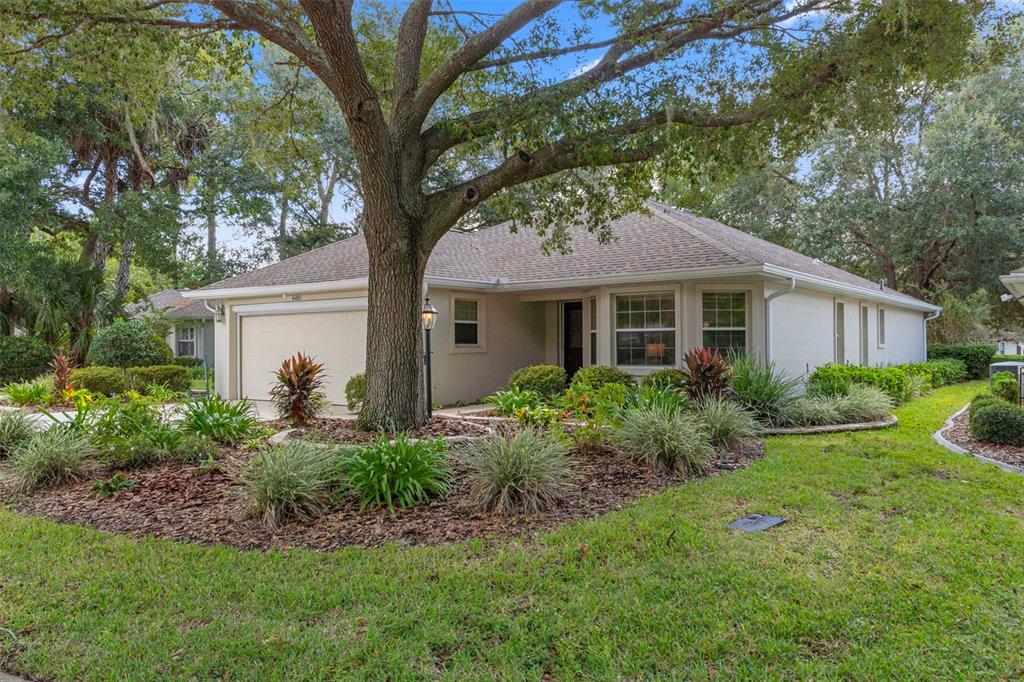 A single-story house with a beige stucco exterior, a two-car garage, and a large tree — 6482 W TORRINGTON COURT, CRYSTAL RIVER, FL