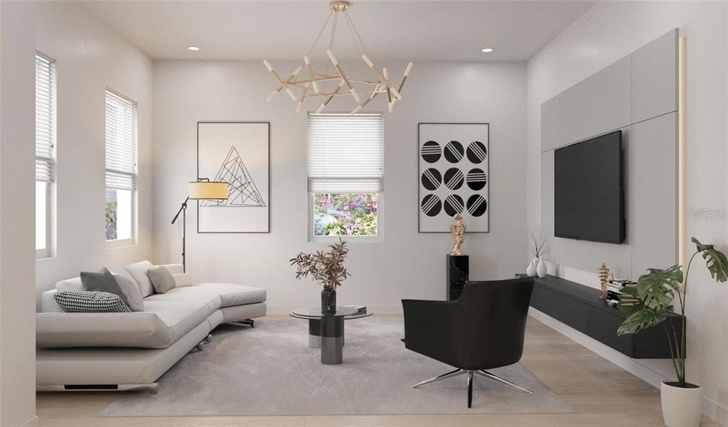 This is a digital rendering of a modern living room with a sectional and television — 6925 E 21ST AVENUE, TAMPA, FL