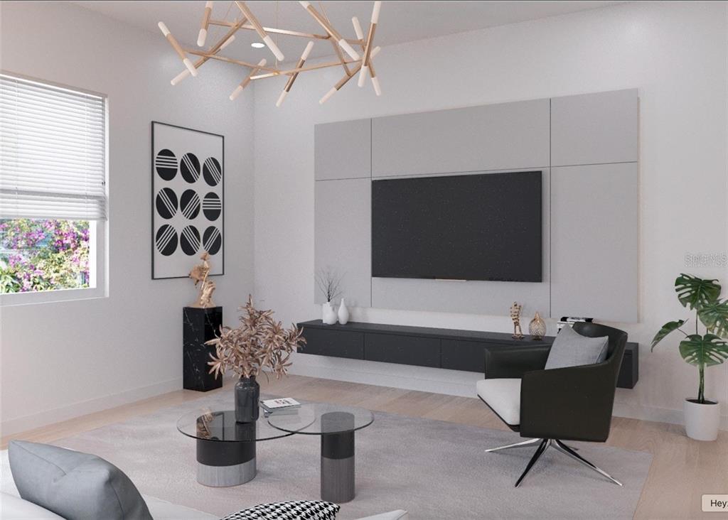 This is a rendering of a modern living room featuring a wall-mounted television and chandelier — 6925 E 21ST AVENUE, TAMPA, FL