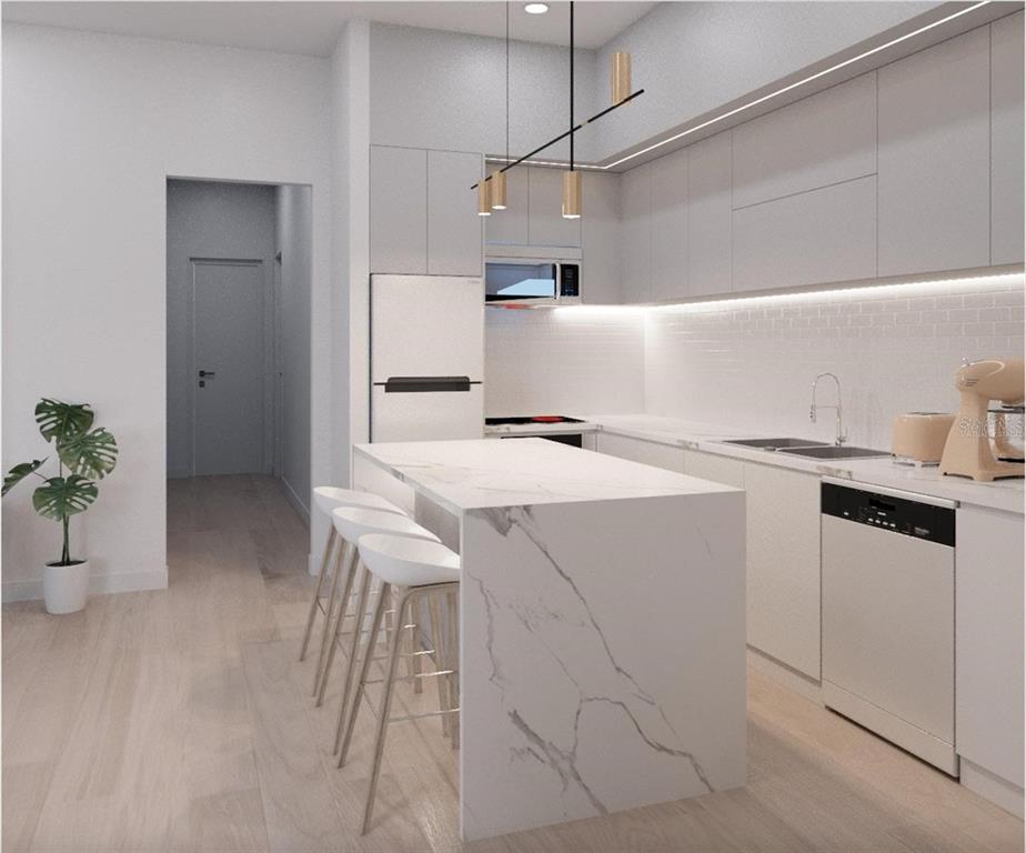This rendering shows a modern kitchen with white marble island, light wood floors, and cabinetry — 6925 E 21ST AVENUE, TAMPA, FL
