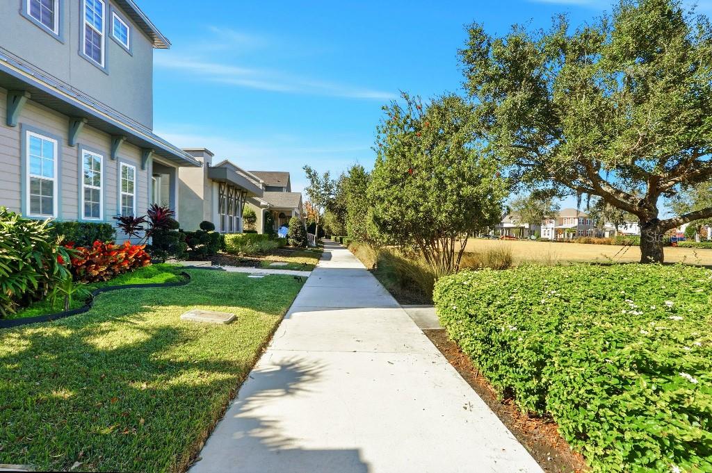 A concrete sidewalk runs between a residential house and a landscaped lawn with trees — 6955 HIGGS ALLEY, ORLANDO, FL