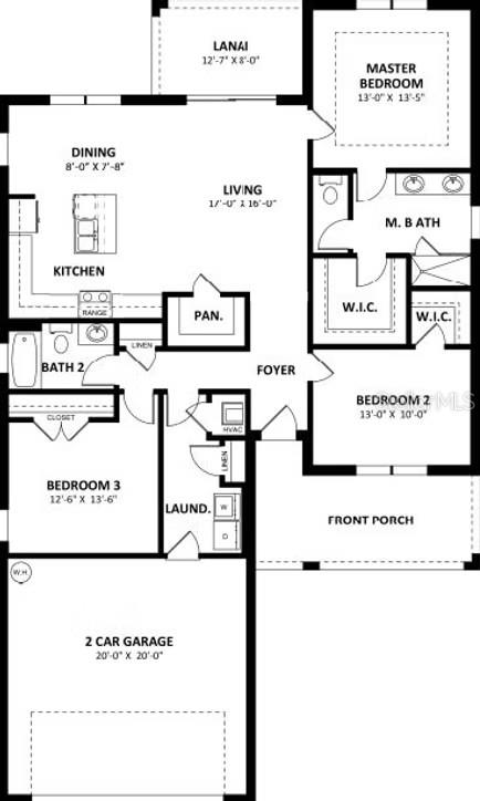 This is a floor plan for a three-bedroom house with a two-car garage and lanai — 4649 BOSTON STREET, SEBRING, FL