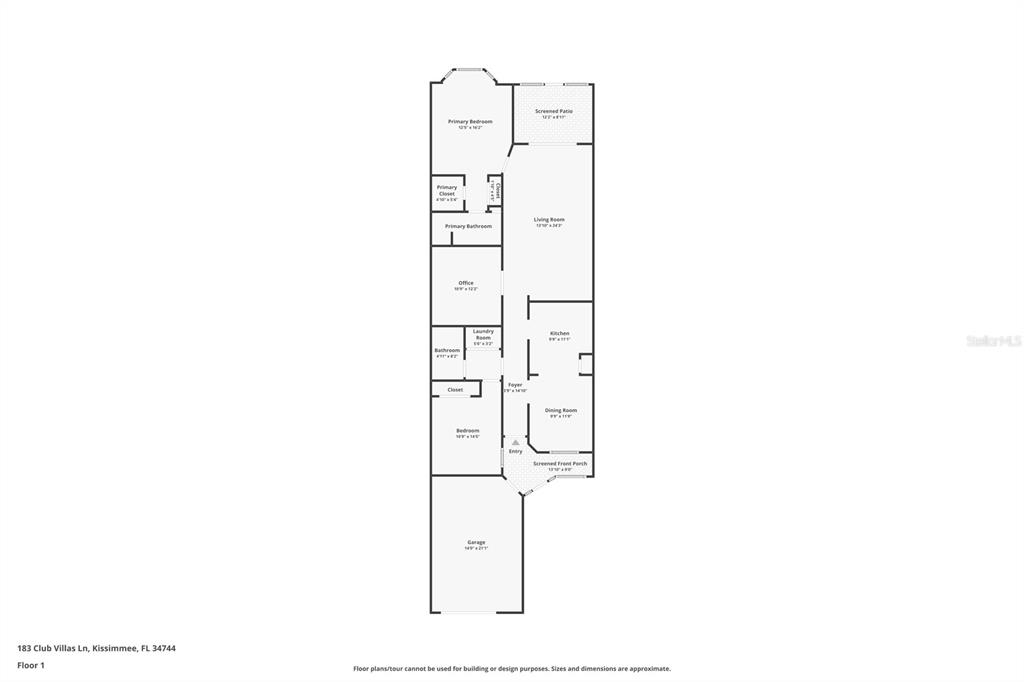 This is a floor plan of a single-story residential home with a garage and patio — 183 CLUB VILLAS LANE, KISSIMMEE, FL