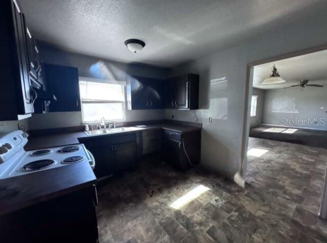 A kitchen with dark cabinets, a white stove, and a doorway leading to another room — 321 ARIANA AVENUE, AUBURNDALE, FL