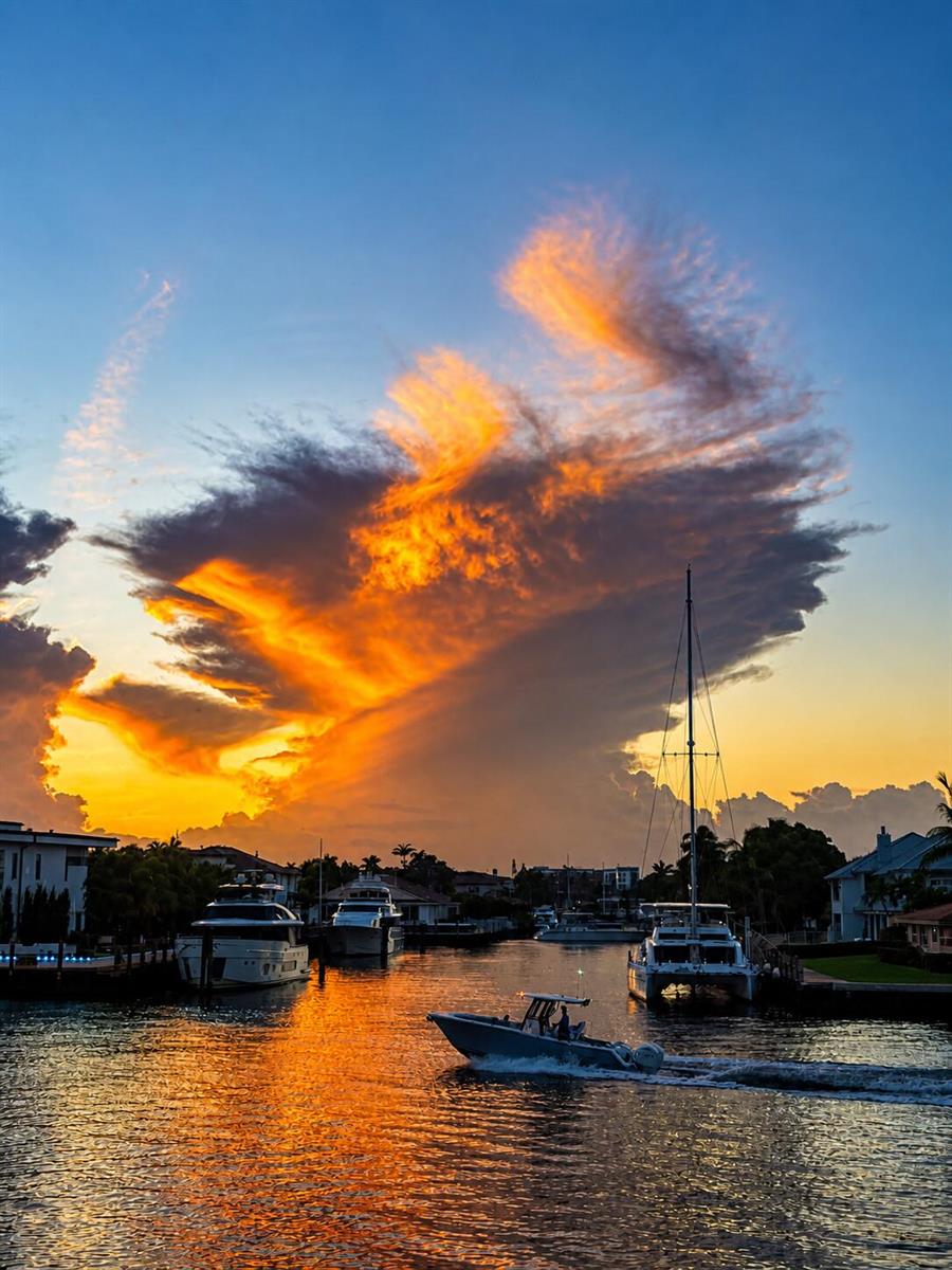 A boat travels through a canal lined with houses at sunset under a dramatic sky — 401 N Riverside Drive # 406, Pompano Beach FL 33062, POMPANO BEACH, FL