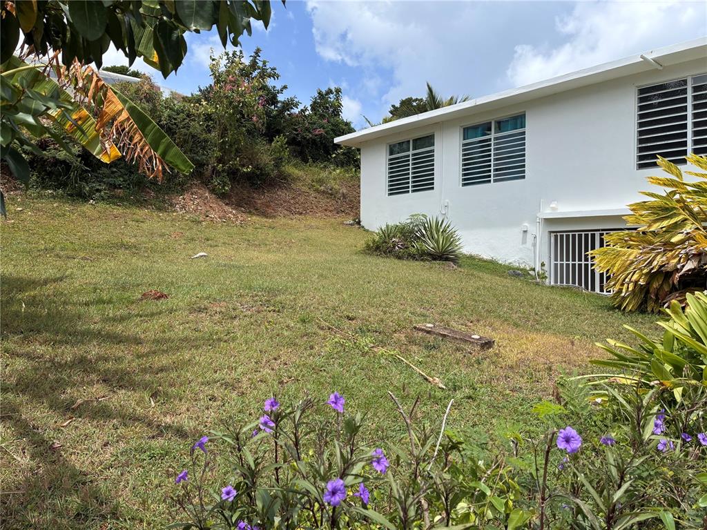 A white house exterior sits next to a grassy yard with purple flowers in front — 398 CASA CORAZON, VIEQUES, PR