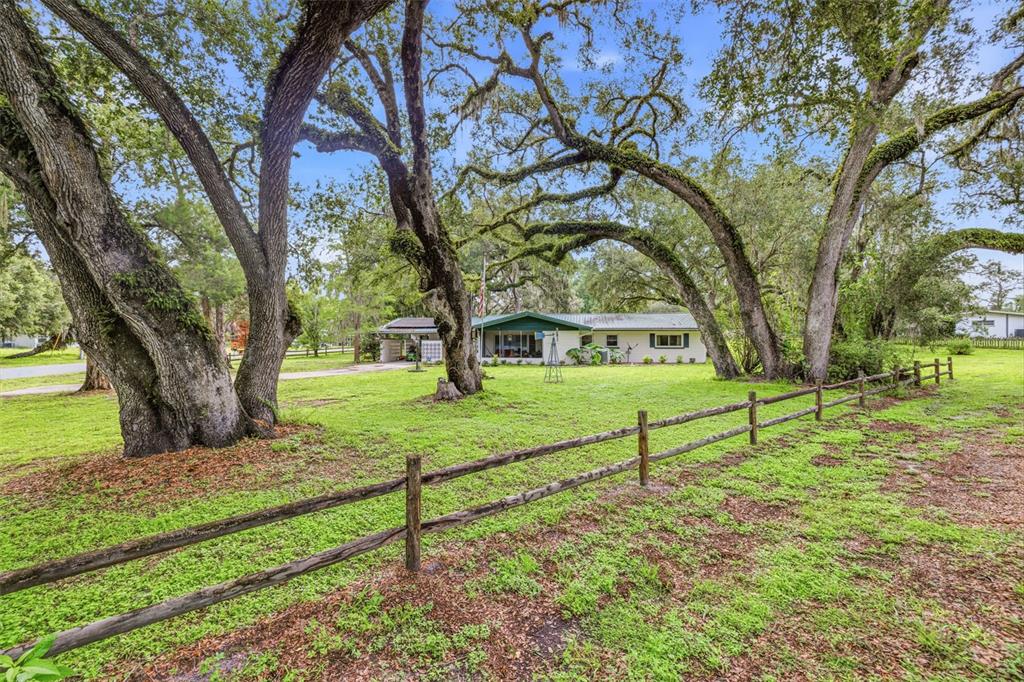 A single-story house sits behind a wooden split-rail fence under large, moss-draped oak trees — 34746 GARDENIA WAY, DADE CITY, FL