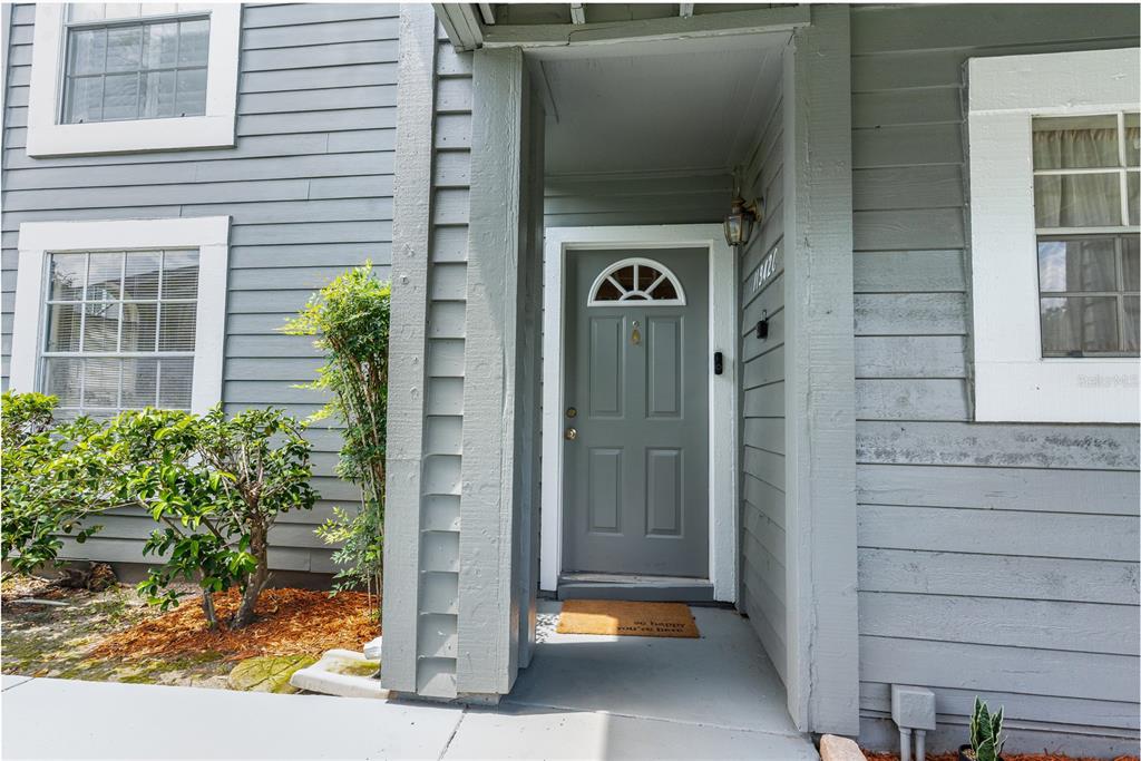 A gray front door with a small arched window is set within a covered entryway — 11942 SKYLAKE PLACE UNIT C, TAMPA, FL