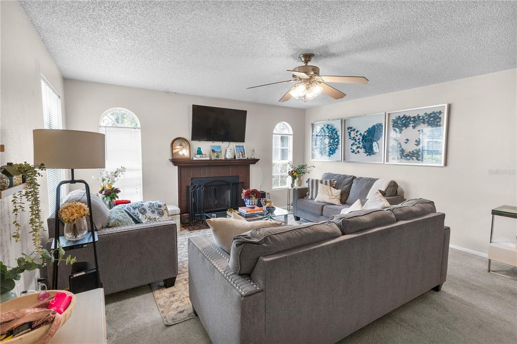 A living room features gray sofas, a fireplace with a television, and blue wall art — 11942 SKYLAKE PLACE UNIT C, TAMPA, FL