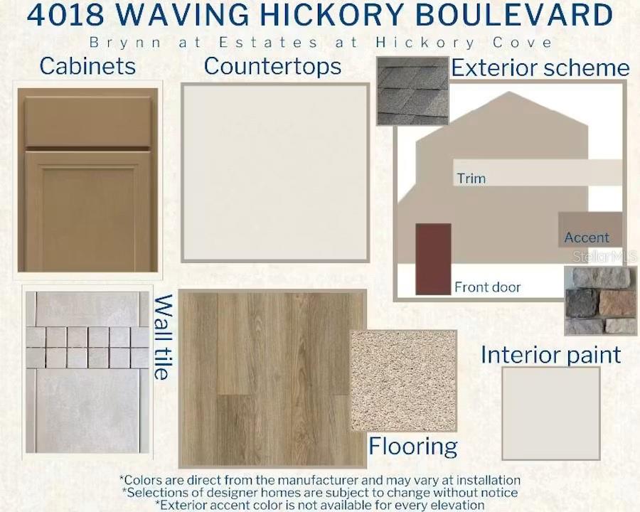 This design board displays material samples for home finishes including cabinetry, countertops, flooring, and exterior elements — 4018 WAVING HICKORY BOULEVARD, ST CLOUD, FL
