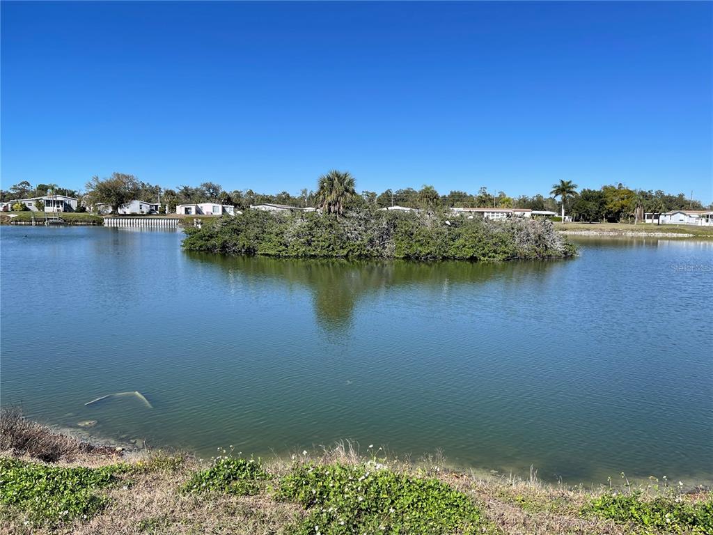A small island with trees and a palm tree sits in the middle of a lake — 1303 SANDERLING DRIVE, ENGLEWOOD, FL