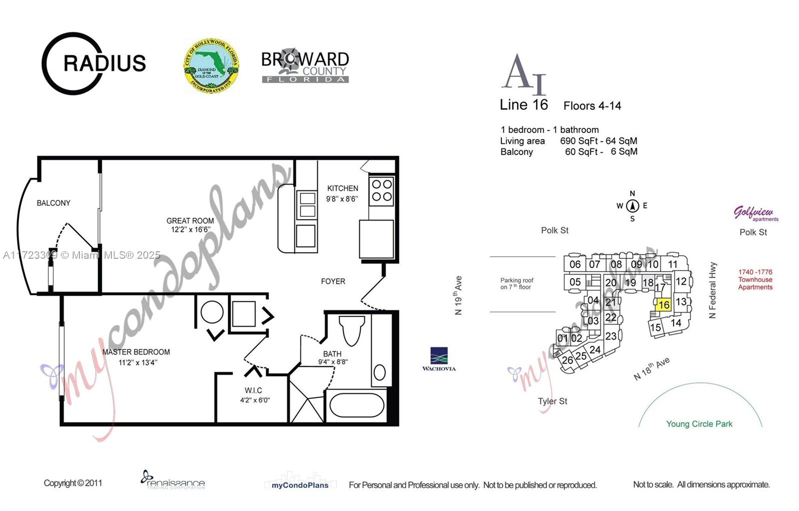 This floor plan shows a one-bedroom, one-bathroom apartment layout with a balcony and kitchen — 1830 Radius Dr # 516, Hollywood FL 33020, HOLLYWOOD, FL