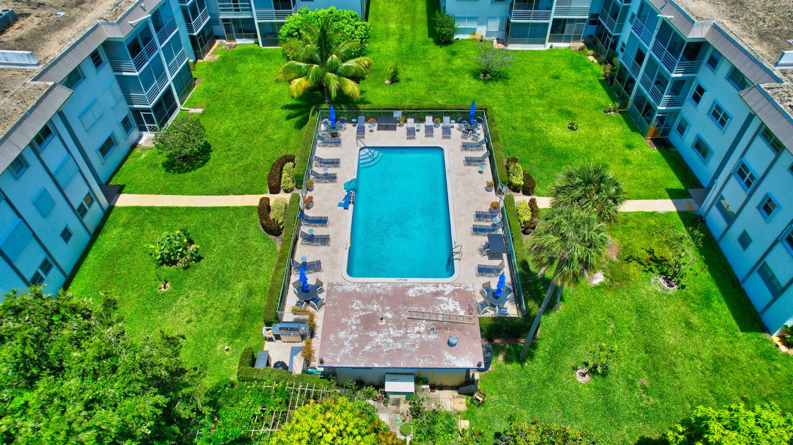 An aerial view shows a rectangular swimming pool surrounded by a patio and apartment buildings — 5501 NW 2nd Avenue # 313, Boca Raton FL 33487, BOCA RATON, FL