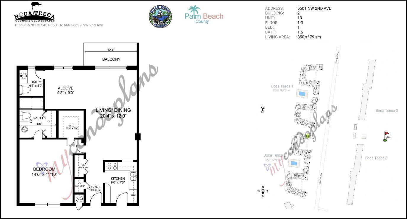 This is a floor plan for a one-bedroom, 1.5-bathroom condominium unit with a balcony — 5501 NW 2nd Avenue # 313, Boca Raton FL 33487, BOCA RATON, FL