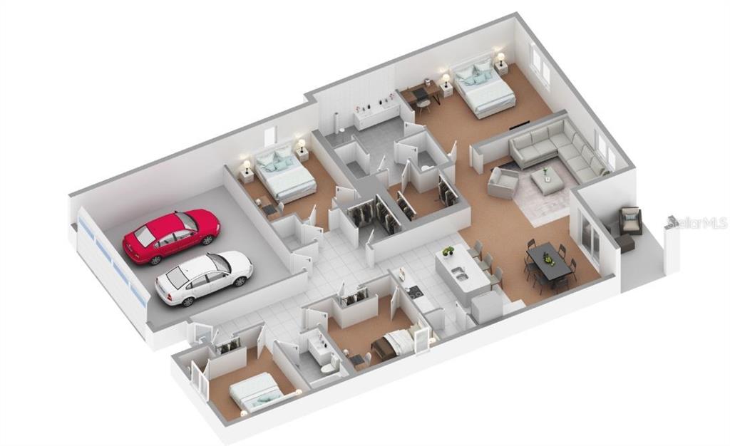 This is a 3D floor plan rendering of a four-bedroom home with a two-car garage — 7110 SANDHILL CRANE WAY UNIT 1, ST CLOUD, FL