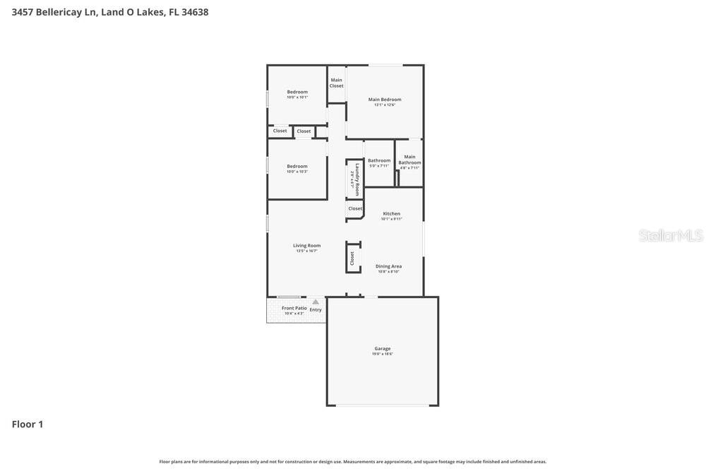 This is a floor plan for a single-story house with a garage and three bedrooms — 3457 BELLERICAY LANE, LAND O LAKES, FL