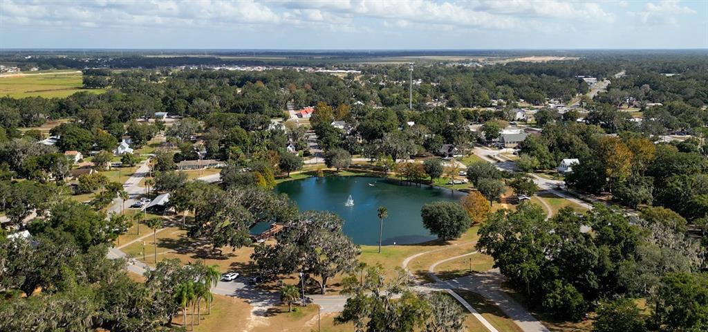 An aerial view shows a small lake with a fountain surrounded by trees and houses — TBD SE 41ST AVENUE, BELLEVIEW, FL