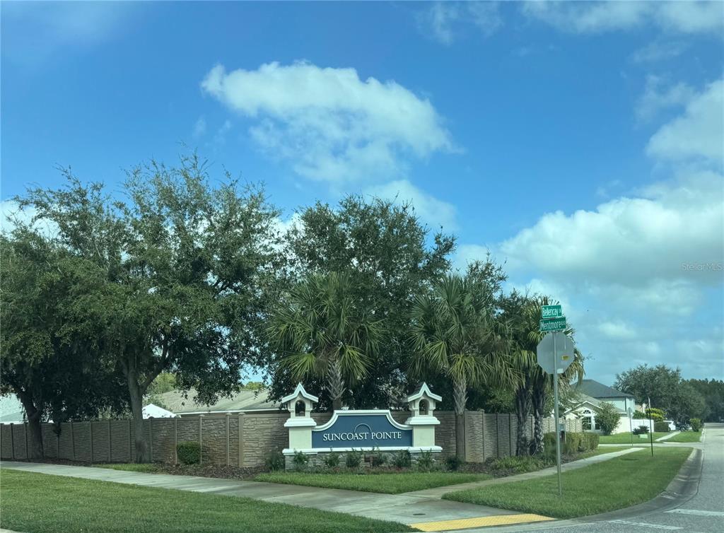 A neighborhood entrance sign for Suncoast Pointe stands near a street corner with palm trees — 3226 BELLERICAY LANE, LAND O LAKES, FL