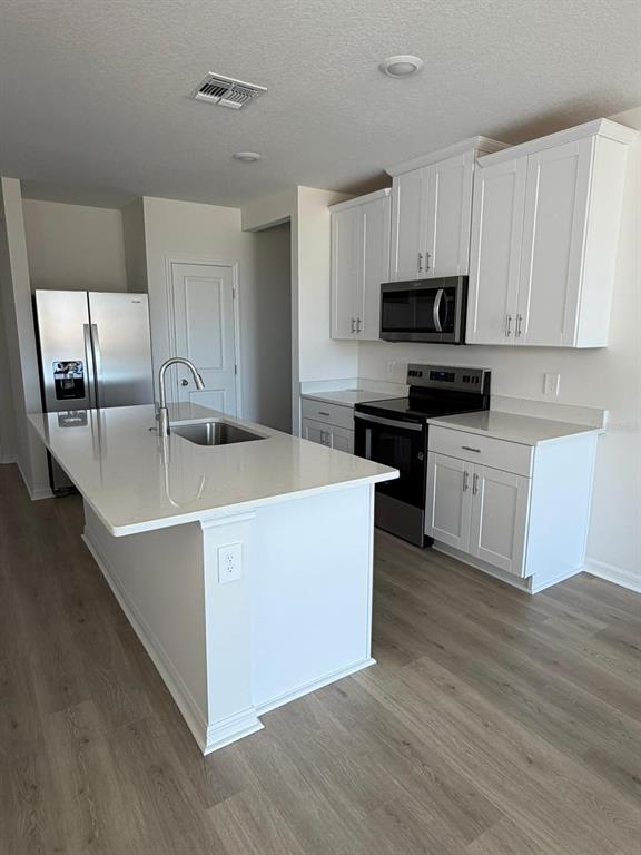 A kitchen features white cabinets, stainless steel appliances, a center island, and wood-look flooring — 5229 NATIVE MILE LOOP, DAVENPORT, FL