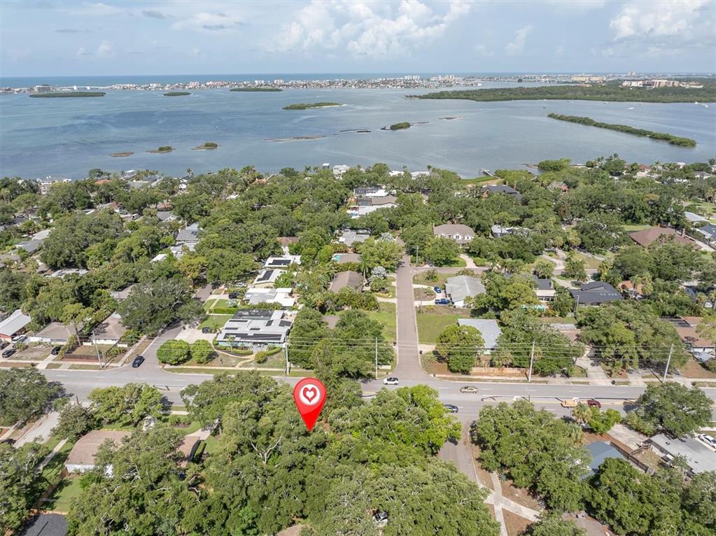 An aerial view shows a wooded lot marked with a red pin near a coastal waterway — 2925 PARK STREET N, ST PETERSBURG, FL