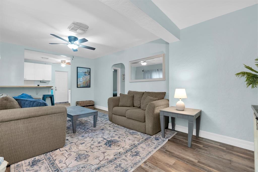 A living room features light blue walls, a patterned area rug, and two brown sofas — 2925 PARK STREET N, ST PETERSBURG, FL